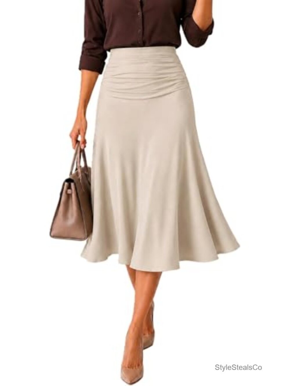Avanova Ruched High Waist Midi Skirt Lyocell Blend Pull On Work